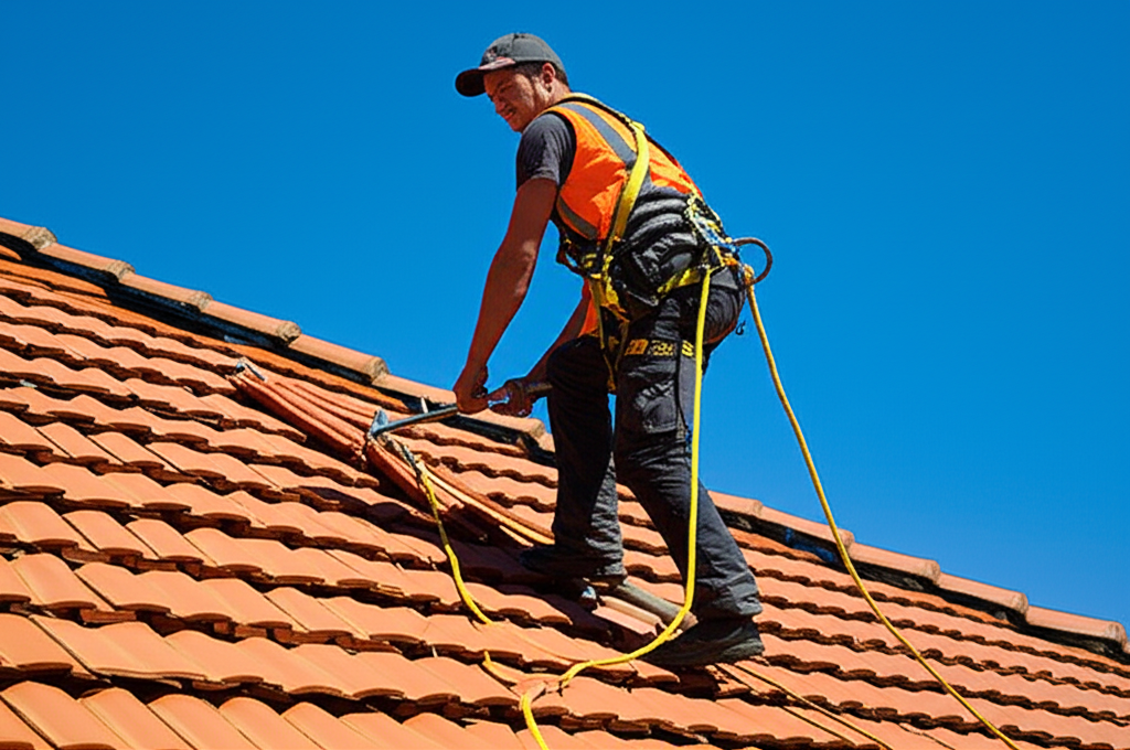 Professional roofer at work on a residential property